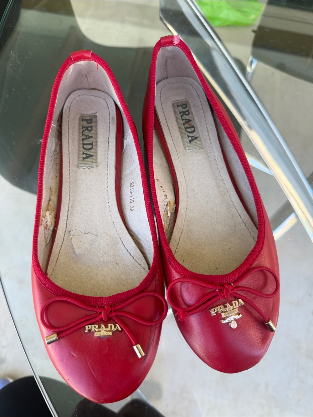 Prada Red Leather Bow Flats with Gold Logo
